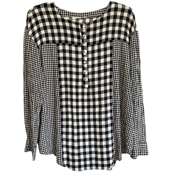 Jane + Delancey Tops - Jane + Delancey Womens Gingham Checkered Henley Blouse Black White Large